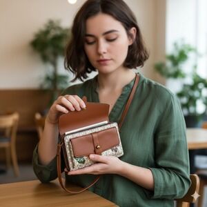 Fossil Faye String Crossbody Wallet Handbag Brown Leather Natural Floral Design